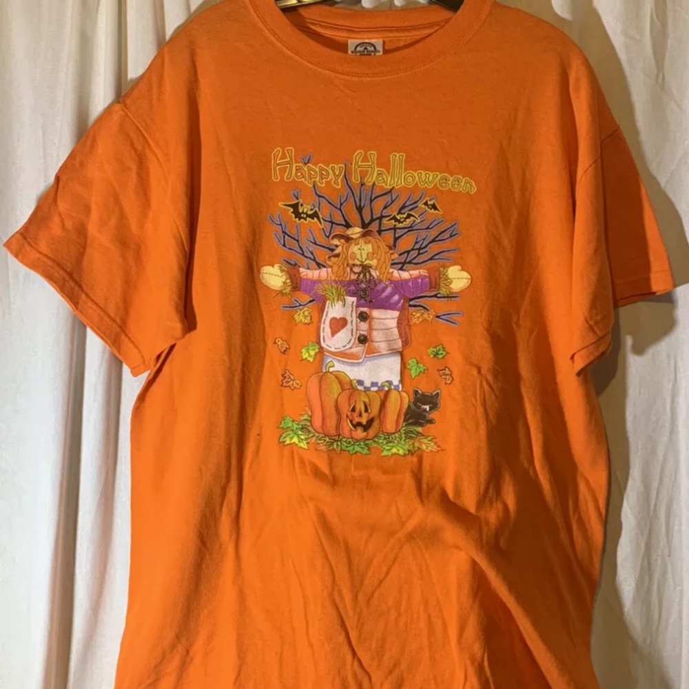 Delta Magnum Weight Orange T-Shirt Adult M Happy Halloween Scarecrow Bats